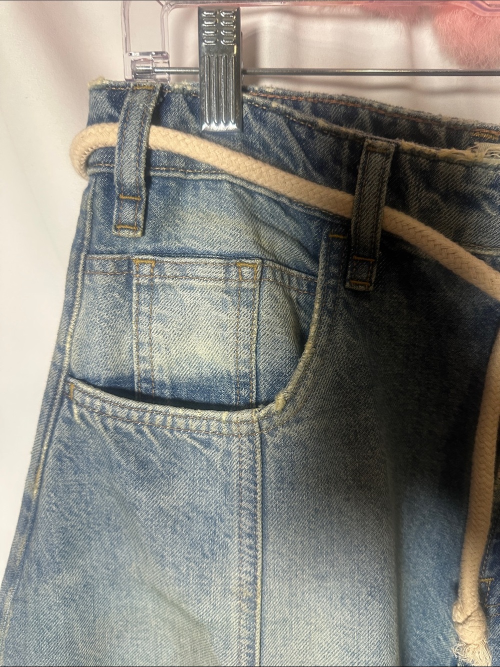 We The Free Wide-Leg Faded distressed Blue barrel Denim Jeans with Rope Belt - Picture 5 of 7